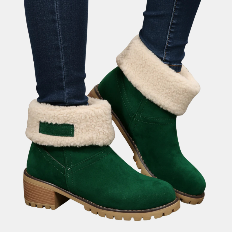 Women’s ankle boots in dark green suede with sherpa cuff and chunky block heel