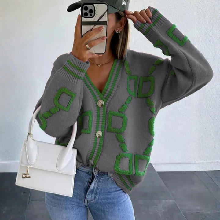 Gray button-down cardigan with green geometric pattern, V-neck, long sleeves, button front