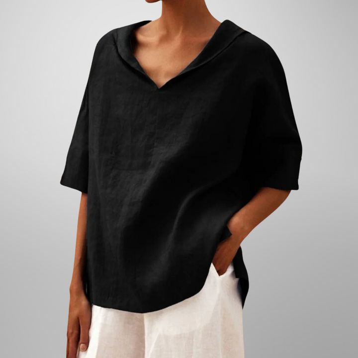 Women’s loose cotton blouse, black, V-neck with hooded collar, short sleeves