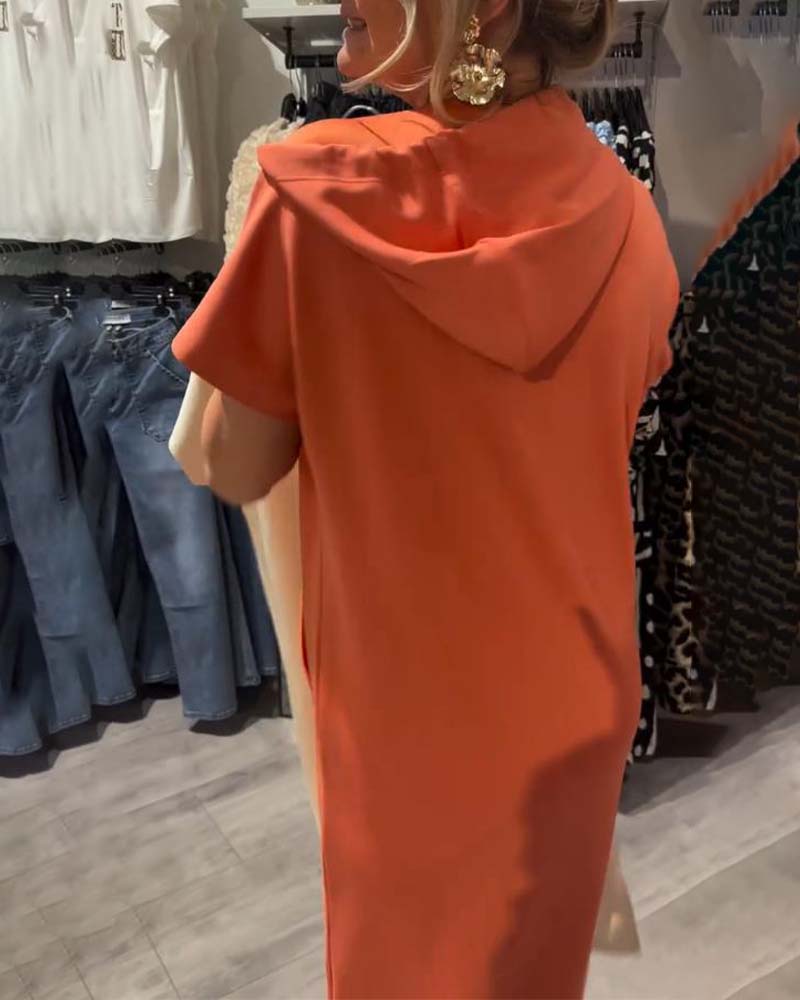 Long hooded dress, bright orange, short sleeves, drawstring hood and front pocket
