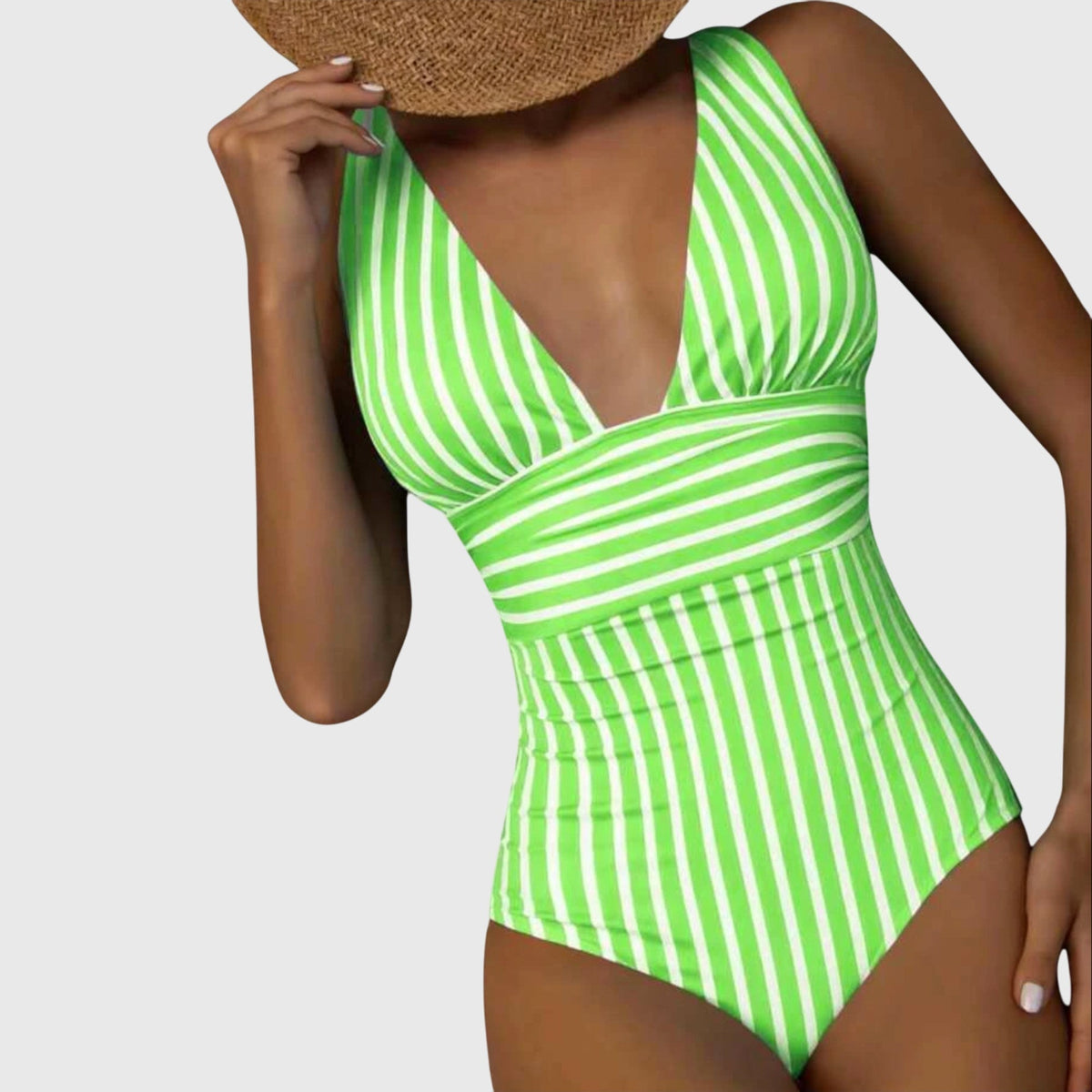 Light green and white striped one-piece swimsuit with deep V-neck