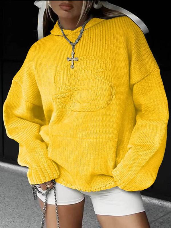 Bright yellow women's knit hoodie with drawstring hood and front kangaroo pocket.