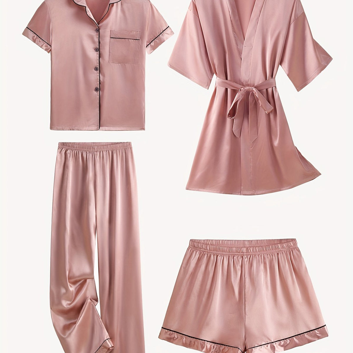Pink satin pajama set with mid-sleeve button top, belt-tied robe, and elastic pants
