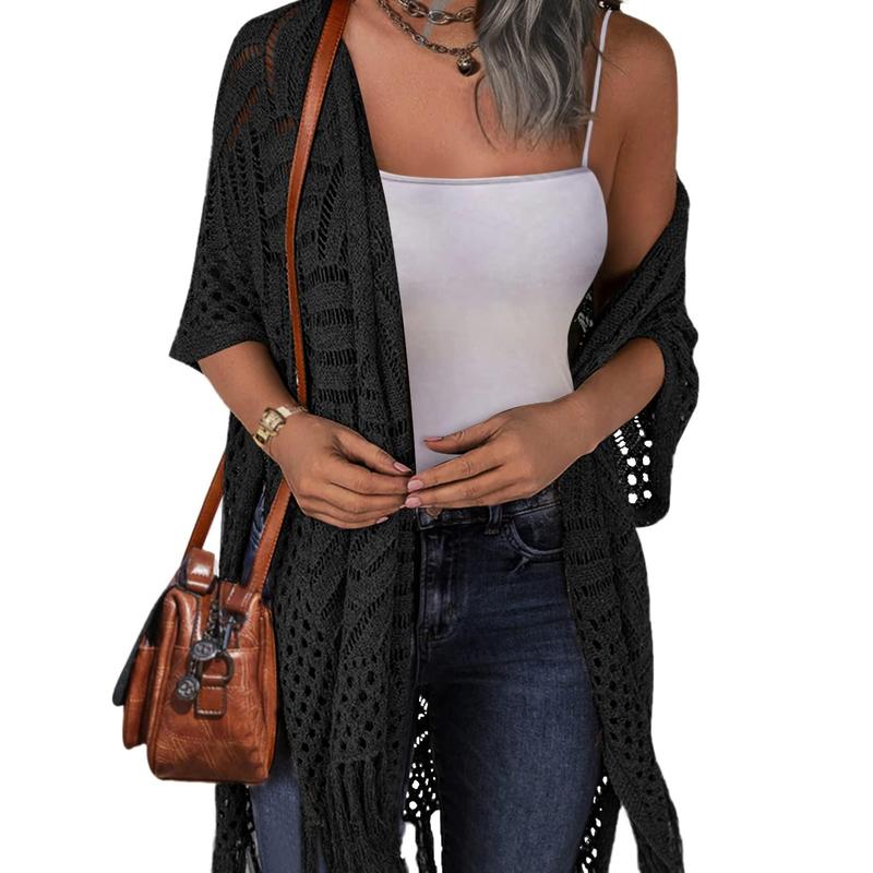 Open-front knitted hollow-out summer outwear, black, elbow sleeves