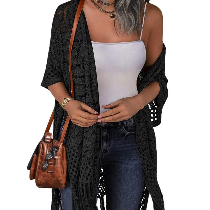 Open-front knitted hollow-out summer outwear, black, elbow sleeves