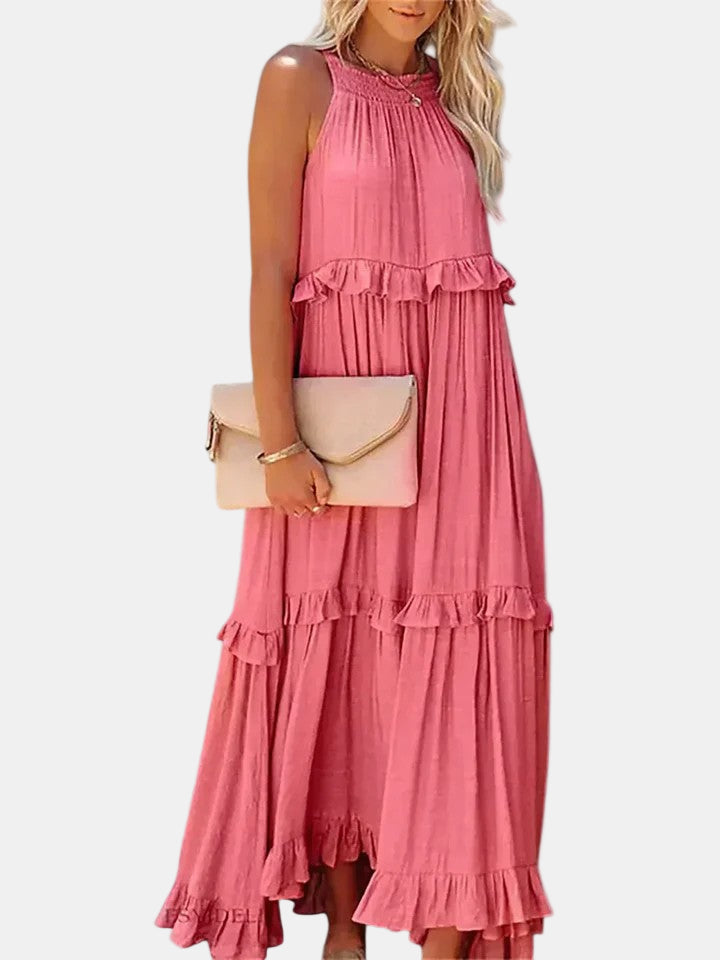 Pink sleeveless long dress with tiered ruffle skirt and high neckline