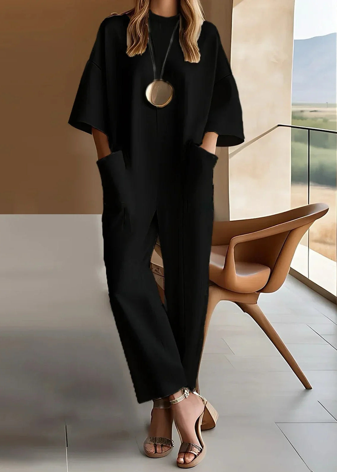 Elegant short-sleeve jumpsuit in black, relaxed straight-leg, round neckline