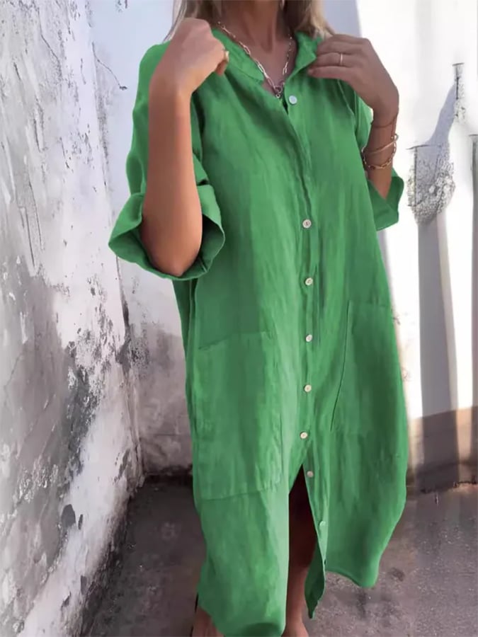 Button-front midi dress, bright green with short sleeves and long side slit