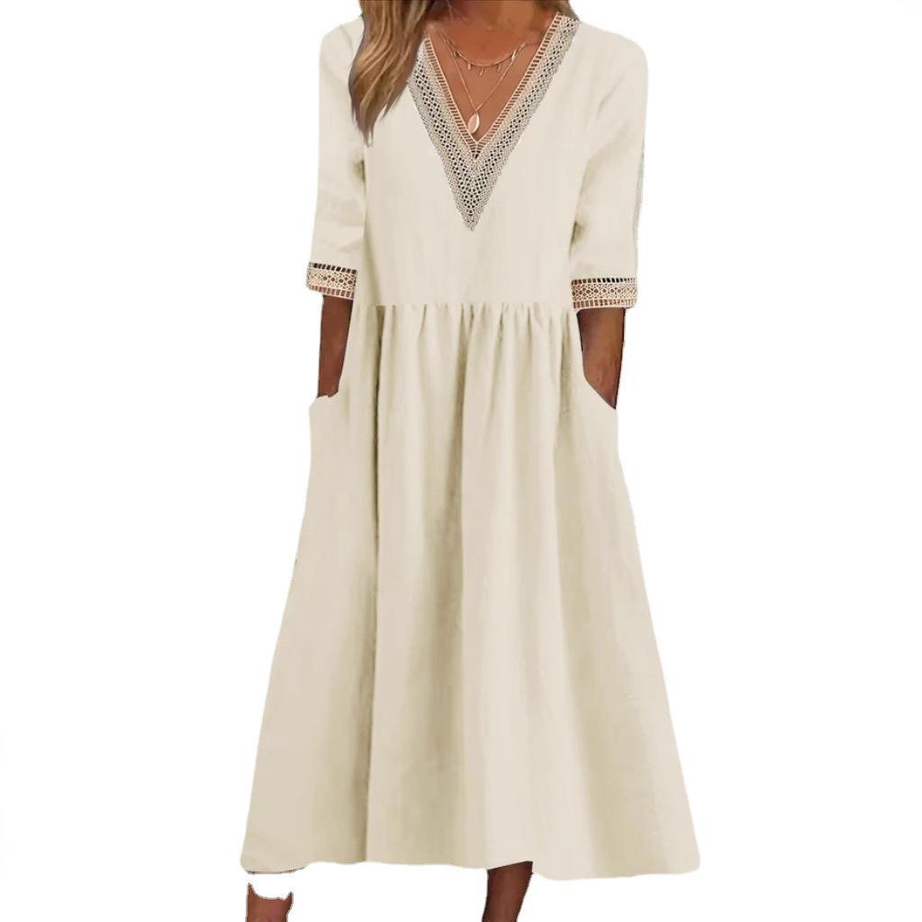 Lace-collar mid-length dress in beige with V neckline and lace-trimmed three-quarter sleeves