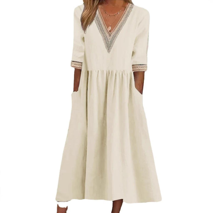 Lace-collar mid-length dress in beige with V neckline and lace-trimmed three-quarter sleeves