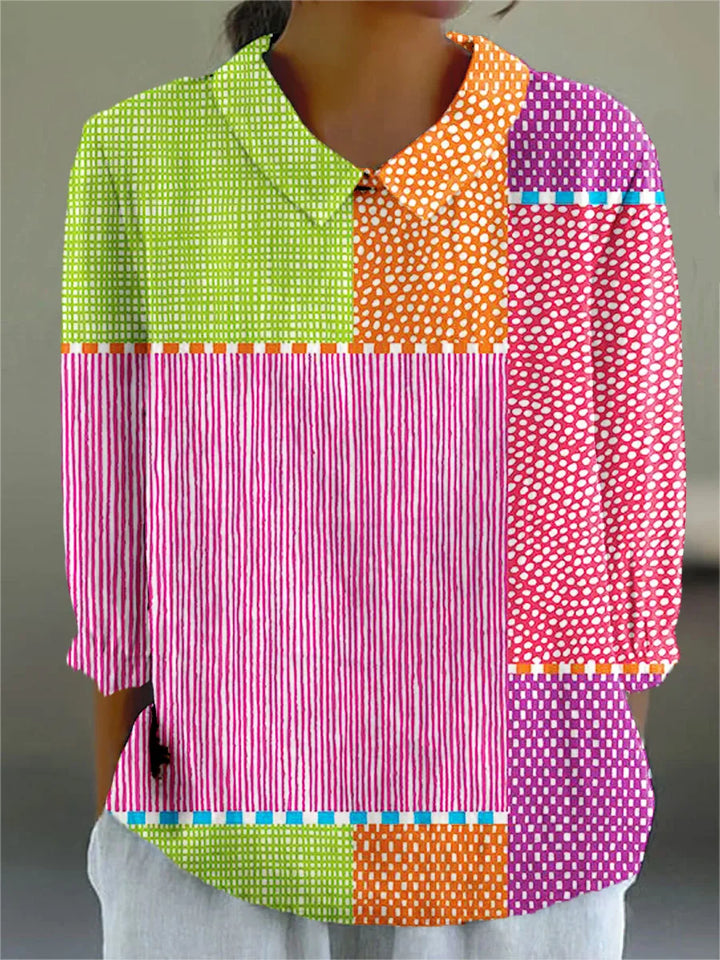 Patchwork blouse with V-neck, button front, multicolor squares and stripes in green, orange, purple