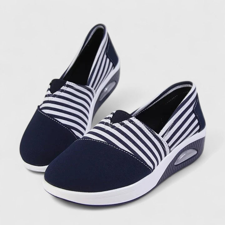 Anika orthopedic slip-on wedges, navy fabric with white striped elastic panels and white sole