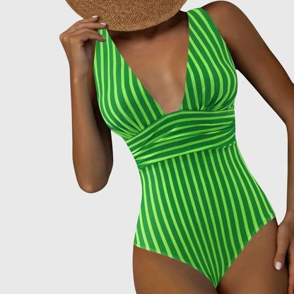 Green and light-green striped one-piece swimsuit with deep V-neck