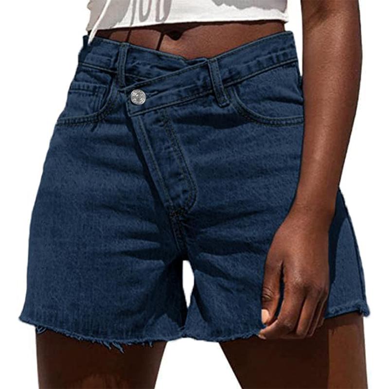 Dark-wash high-waisted denim shorts with button closure, front pockets, and frayed hem