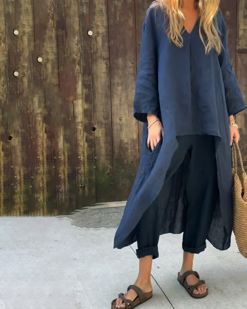 Navy blue long tunic top and relaxed-fit cropped pants two-piece set, side view