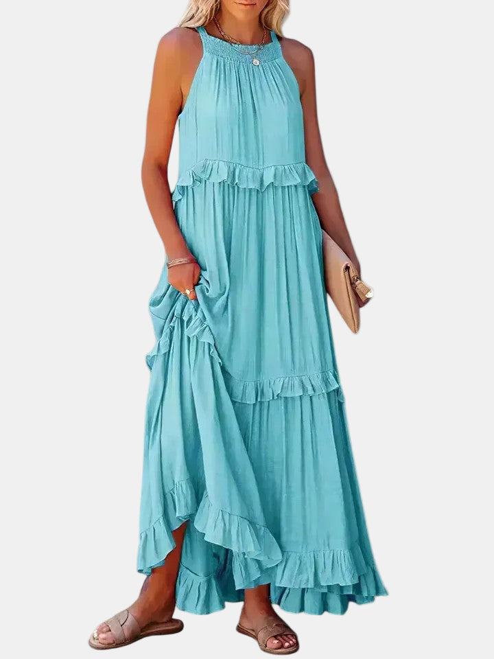Teal sleeveless long dress with tiered ruffle hem and gathered high neckline
