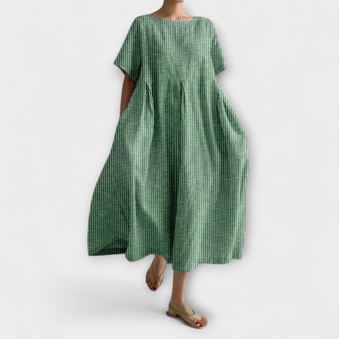 Light summer dress in green with small vertical check, round neckline, loose midi fit