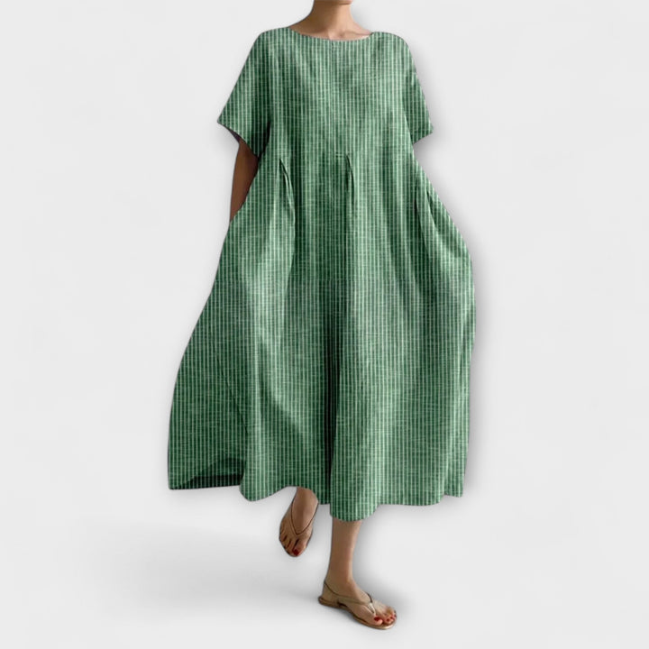 Light summer dress in green with small vertical check, round neckline, loose midi fit