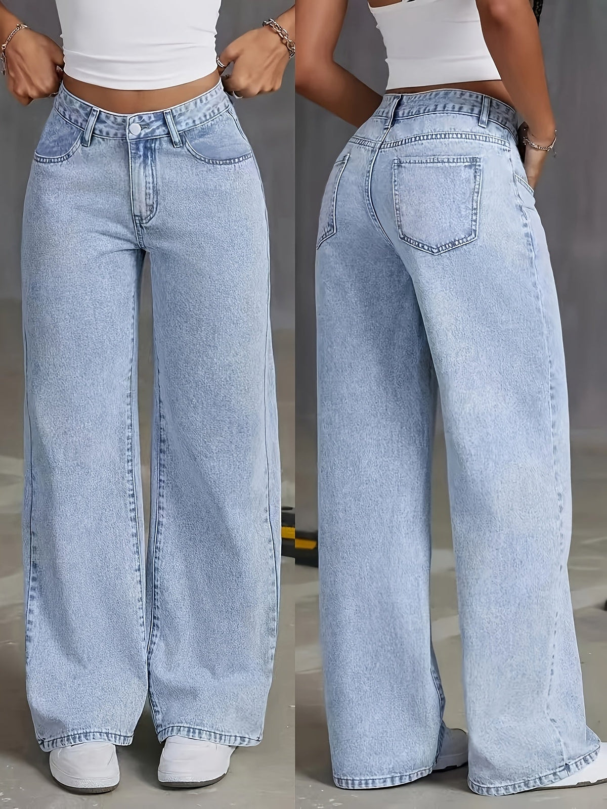Light blue high-waisted wide-leg denim jeans, back yoke and patch pockets