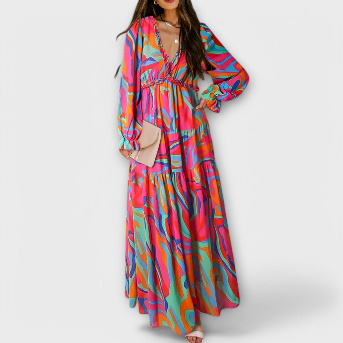Tiered floral maxi dress with V-neck, long sleeves and colorful abstract print