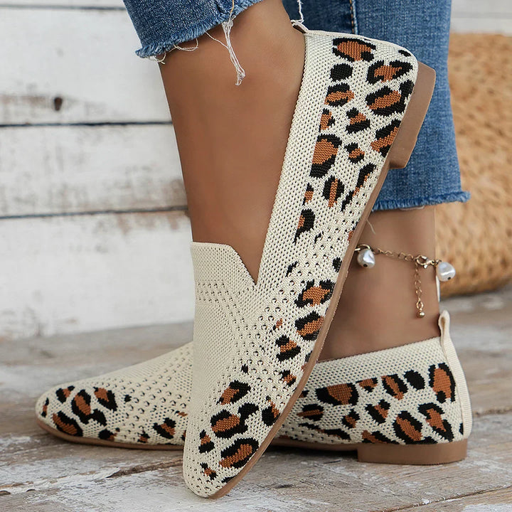 Beige leopard-print knit slip-on orthopedic shoes with low heel and ankle bead charm