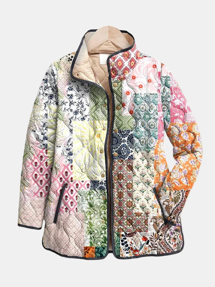 Multicolor quilted floral patchwork jacket with stand collar and full zipper, front view