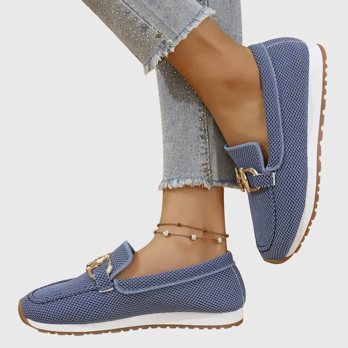 Blue mesh loafer sneakers with gold-toned buckle detail