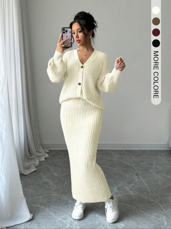 Off white ribbed knit sweater and long skirt set with button-front cardigan