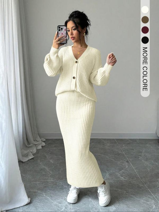 Off white ribbed knit sweater and long skirt set with button-front cardigan
