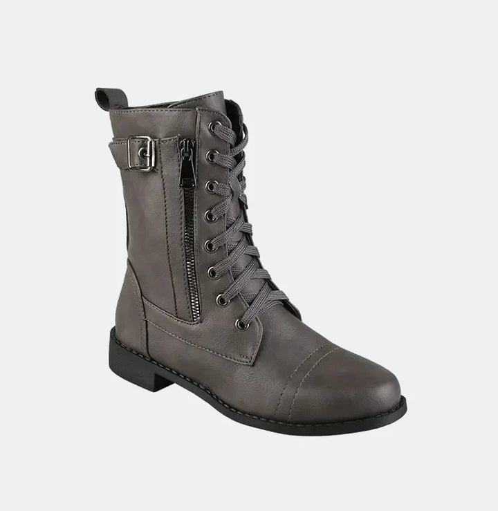 Gray round-toe lace-up fall boot with side zipper and buckle strap