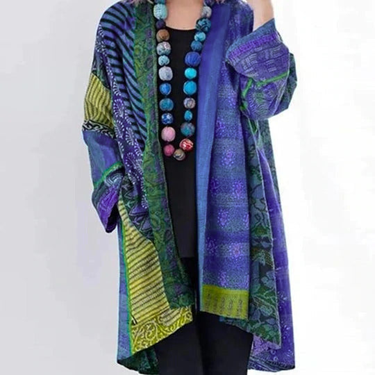 Multicolor boho patchwork cardigan with open front and long sleeves, blue and purple tones
