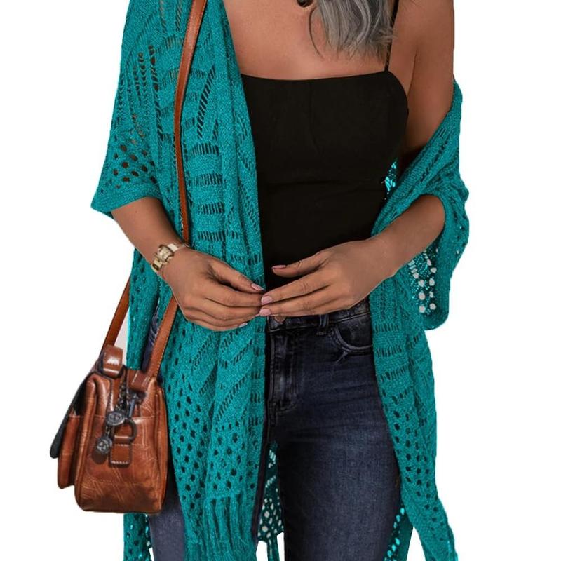 Open-front crochet knit cardigan in teal, short sleeves with openwork pattern