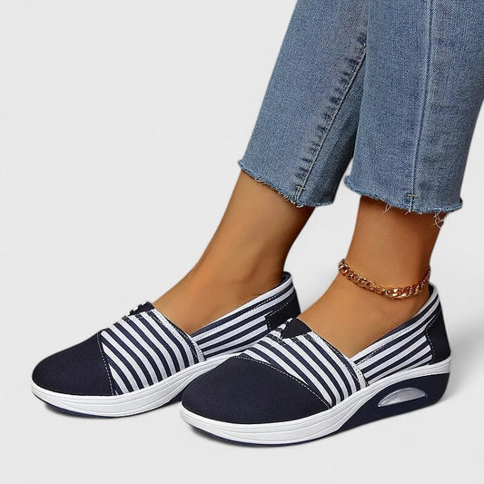 Anika orthopedic slip-on sneakers, navy with white striped fabric and cushioned white sole