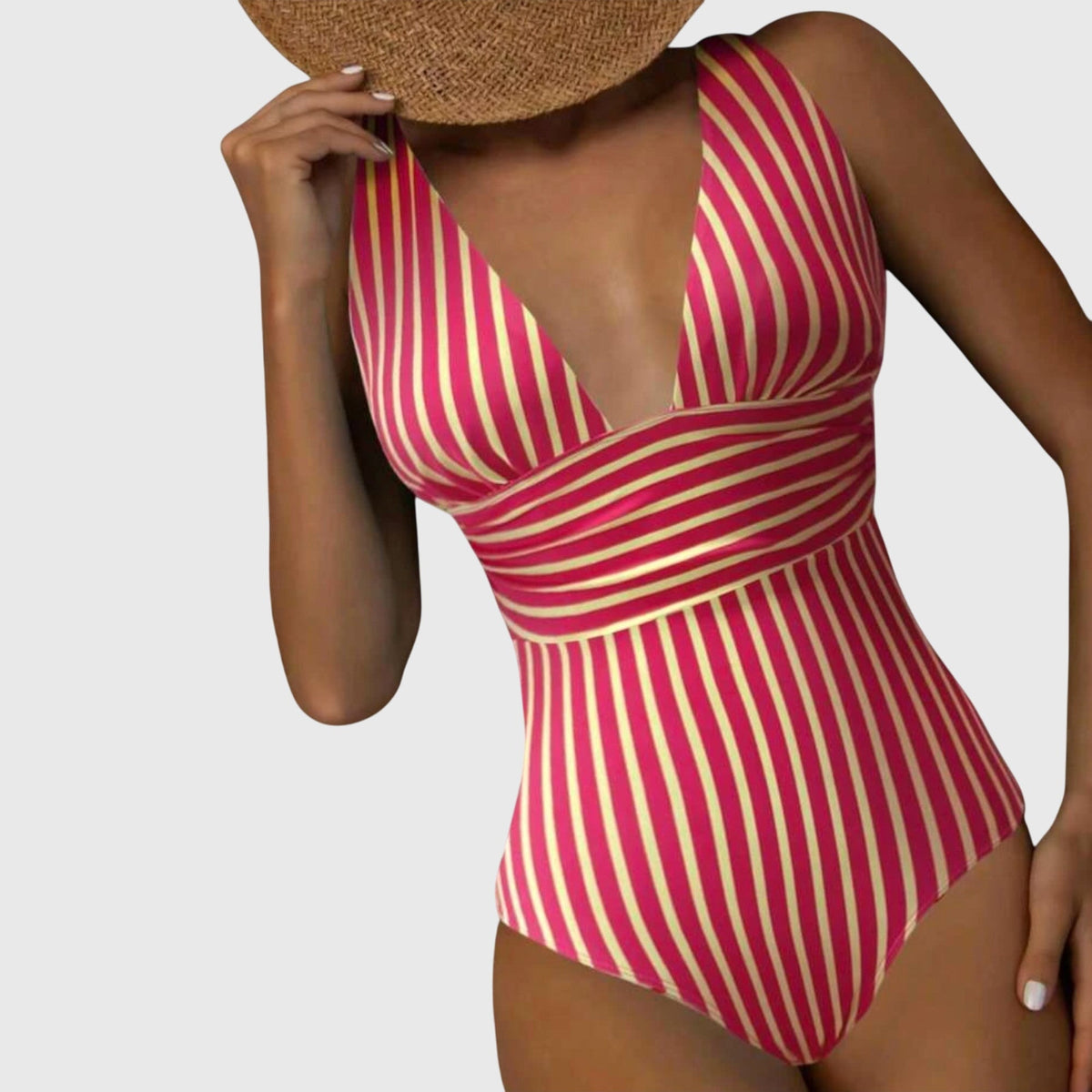 Pink and red striped one-piece swimsuit with deep V-neck