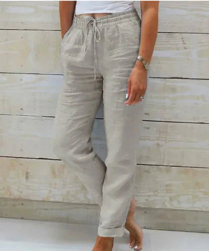 Gray drawstring pants with elastic waistband and tie, ankle-length