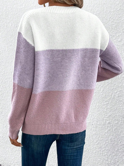 Soft fade knit jumper, back view with white upper and lilac sleeves, ribbed hem