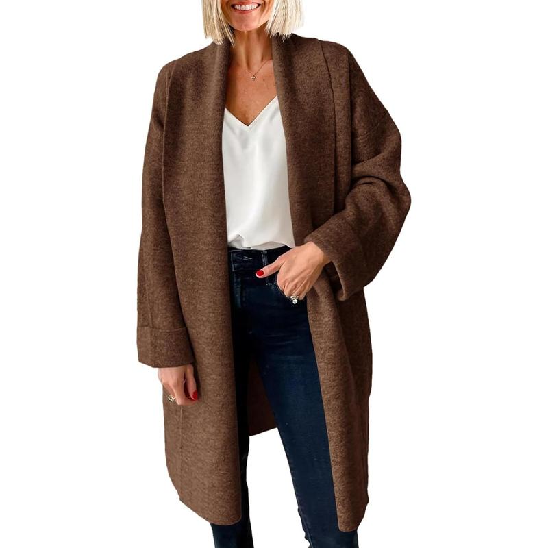 Brown oversized long open-front cardigan, chunky knit with relaxed drape.