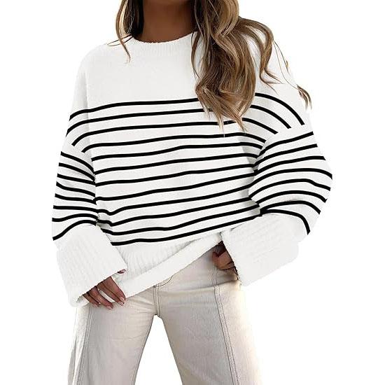 White crewneck long-sleeve pullover sweater with black horizontal stripes and ribbed cuffs