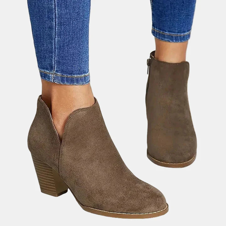 Brown suede block-heel ankle boots with side zip and chunky block heel