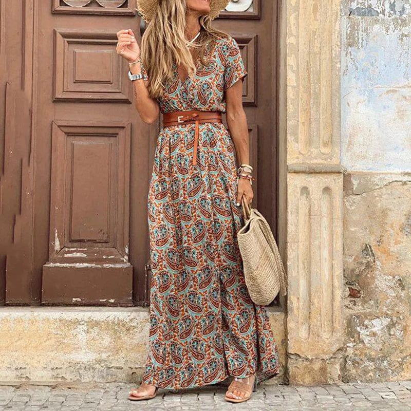 Paisley print maxi dress with V-neck, short sleeves, and string waist tie belt