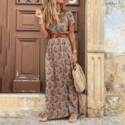 Paisley print maxi dress with V-neck, short sleeves, and string waist tie belt
