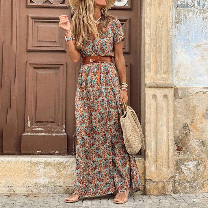 Paisley print maxi dress with V-neck, short sleeves, and string waist tie belt