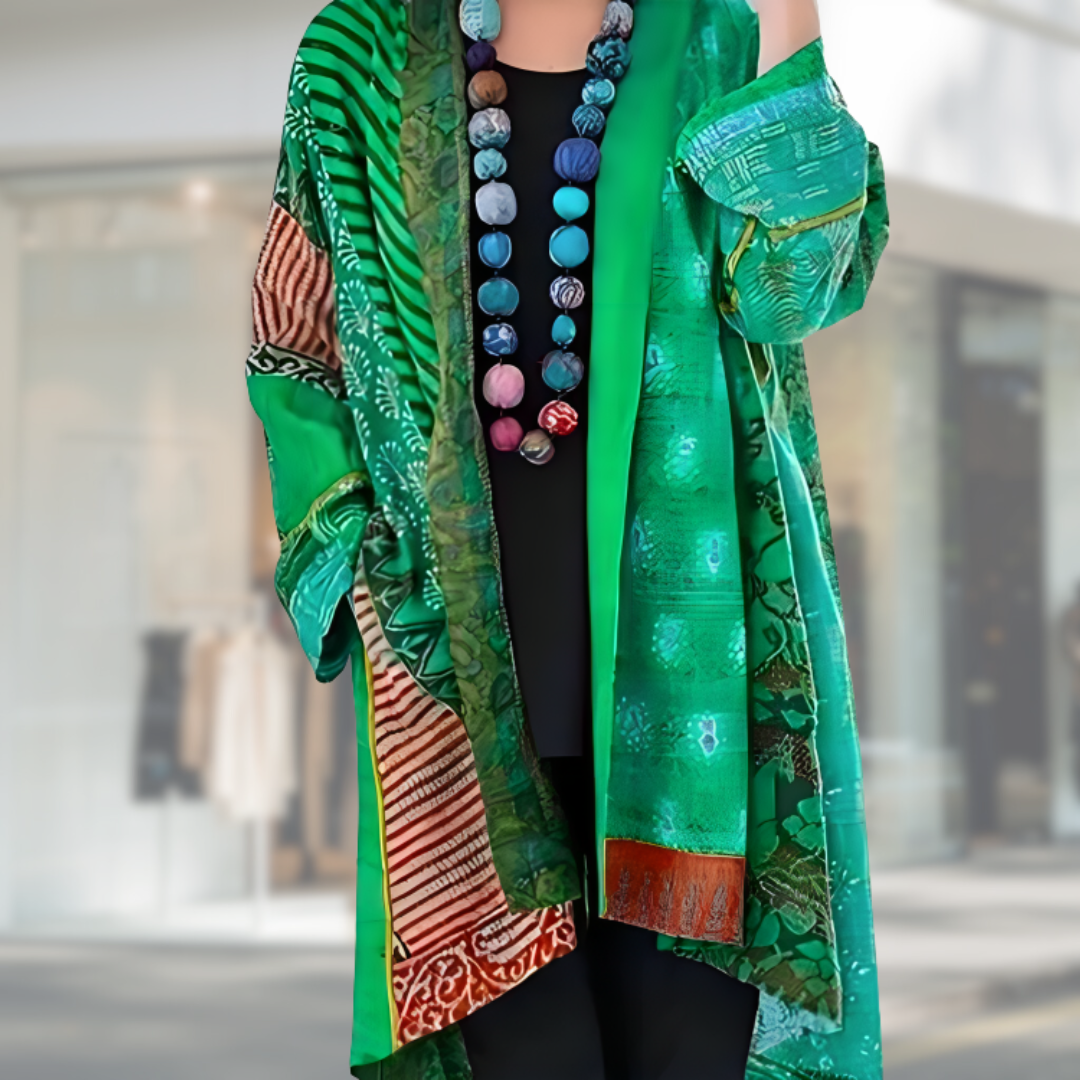 Multicolor boho patchwork cardigan with open front and long sleeves, turquoise-green with gold block
