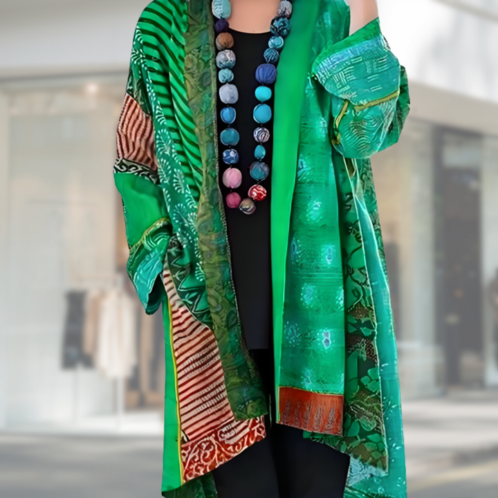 Multicolor boho patchwork cardigan with open front and long sleeves, turquoise-green with gold block
