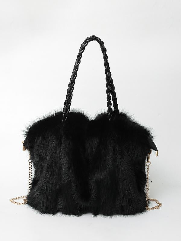 Plush faux-fur shoulder tote with braided rope handles and gold chain strap, black