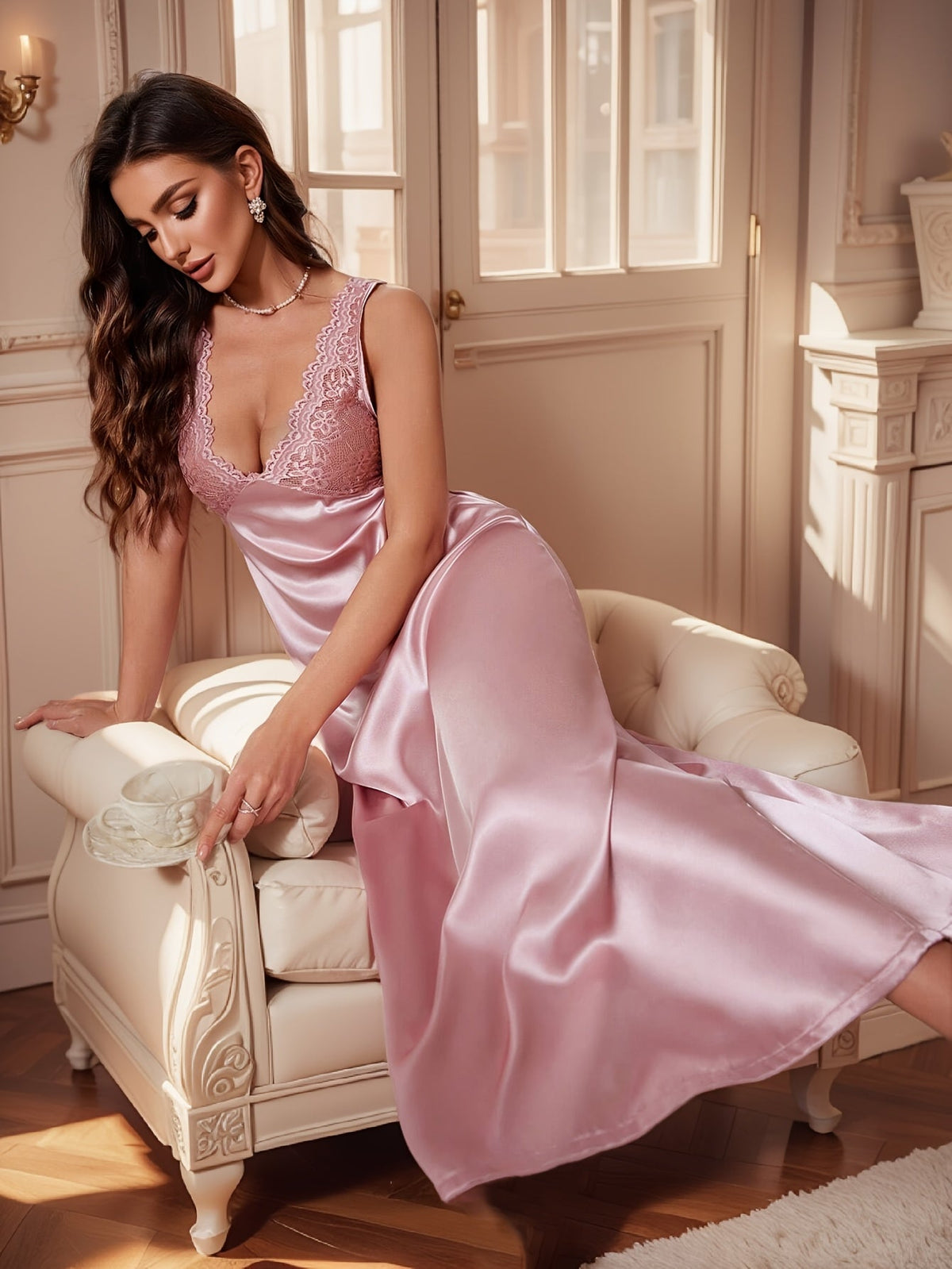 Pink satin nightgown with lace V neckline, sleeveless, flowing maxi skirt