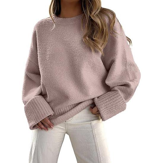 Long sleeve crewneck pullover sweater, light pink with ribbed cuffs and hem