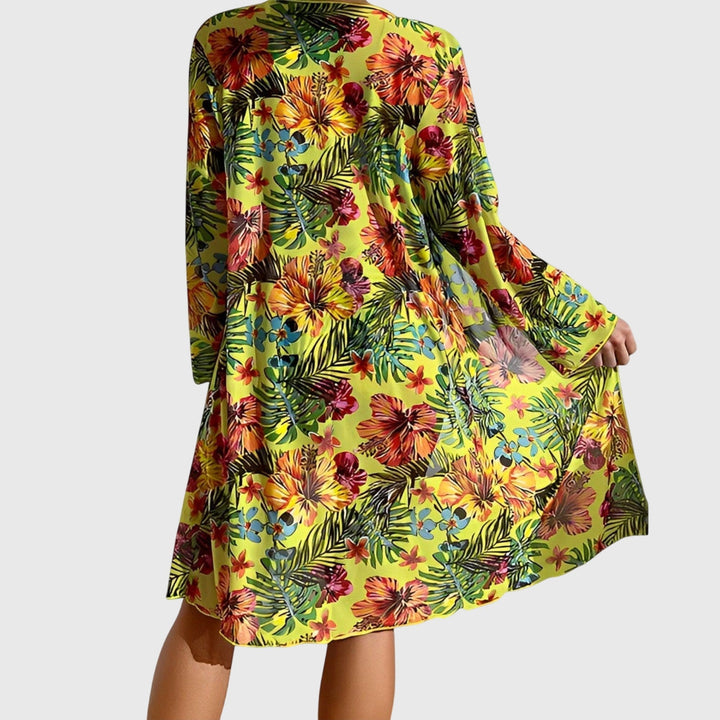 Floral beach cover-up robe with wide kimono sleeves and flowing, open front