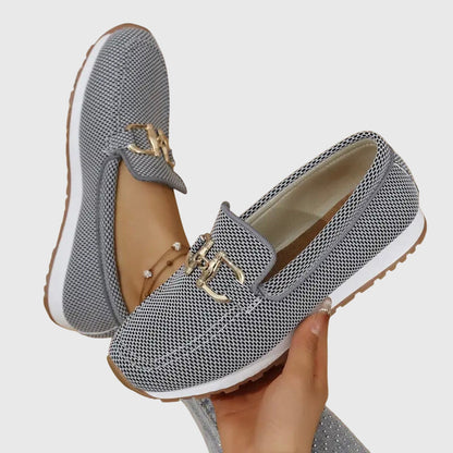 Grey mesh loafer sneakers with gold-toned buckle detail