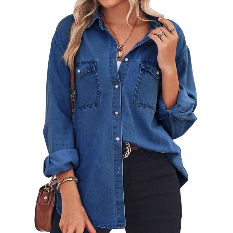 Dark blue denim long-sleeve button-up shirt with chest pockets and button cuffs